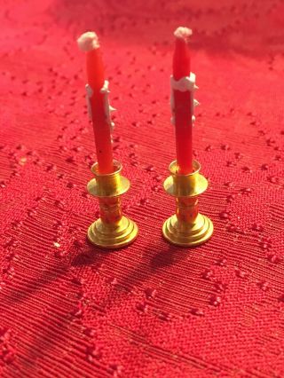 Dollhouse Miniature Artisan Santa Claus Taper Candles Brass Candle Holders 1.  5” 4