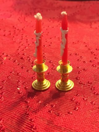 Dollhouse Miniature Artisan Santa Claus Taper Candles Brass Candle Holders 1.  5” 5