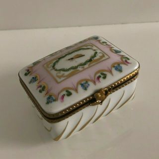 Vintage Rochard Limoges Porcelain Trinket Box W/ Pink And Blue Flowers