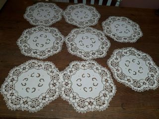 Antique Table Mats Bobbin Lace Hand Embroidery Vintage Cutwork White Linen X 8