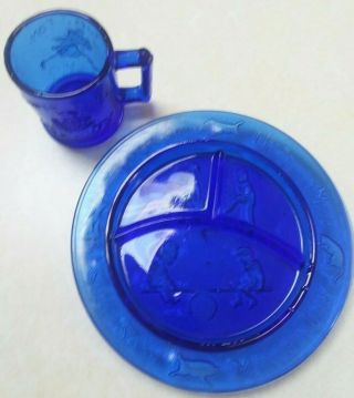 Cobalt Blue Nursery Rhymes Plate And Mug Glass Set Childs Childrens