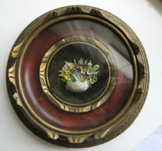 Framed Miniature Seashell Pansies Vintage Small Round Wood Shadow Box Frame Old