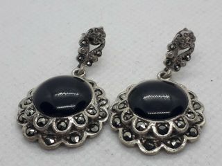 Large Antique Art Deco Solid Silver Hematite And Marcasites Earrings