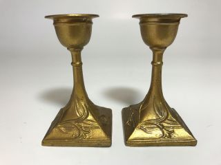 Pair Vintage Cast Metal Gold Gilt Art Nouveau Floral Design Candle Holders