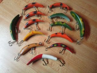 Unknown Age Lure Group.  12 Plastic.  One Wood Perhaps Old Lazy Ike.  Flatfish Type