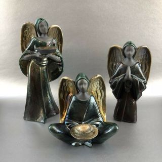 Trio Of Vintage Raku Studio Pottery Angels Figurine Figure Sculpture Peace