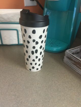 Kate Spade Coffee Cup Cheetah Leopard Black Polka Dot Euc Travel Mug