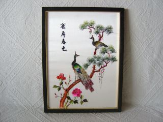 Vintage Japanese / Chinese Embroidered Silk Picture - Peacock & Hen