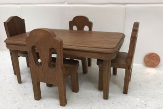 Vintage Wood Dining Room Dollhouse Furniture Antique Kitchen Table & 4 Chairs