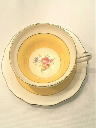 Vintage Eb Foley Bone China Teacup & Saucer Set Yellow W/gold Trim Pink Roses