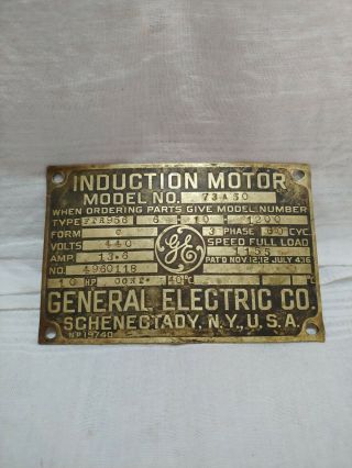 Vtg Antique General Electric Motor Base Id Tag Plate Type 10hp Motor