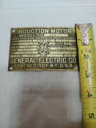 Vtg Antique General Electric Motor Base ID Tag Plate Type 10hp motor 4