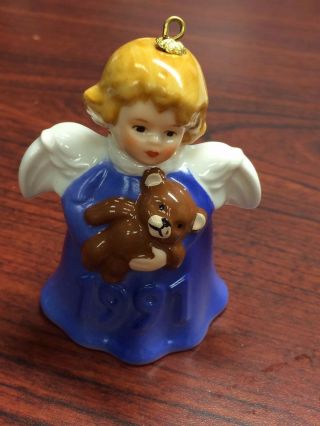 Goebel Angel Bell Ornament Blue Angel & Teddy Bear 1991 16th Edition W Box