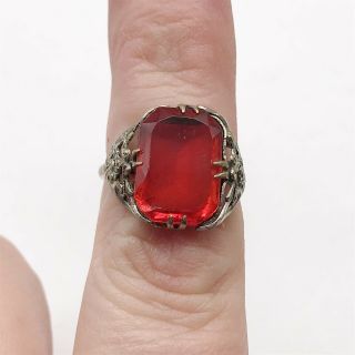 Antique Art Deco Red Paste Set Bright Pretty Ladies Ring Size L