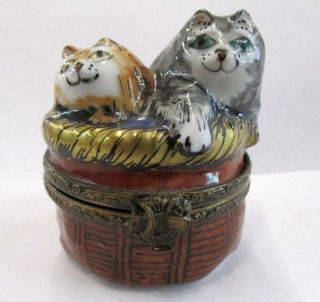 Cats In Basket Limoges Trinket Grey Tabby Kitten Hinged Jewelry Box Ss