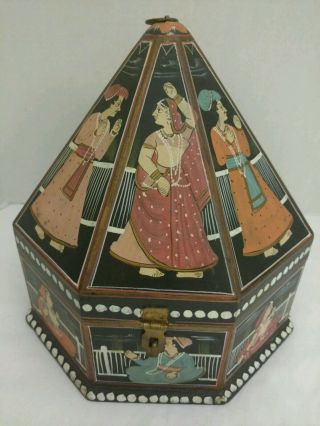 Ornate & Elegant Hand Crafted Hand Painted 8 Sided Hinged Domed Wooden Box
