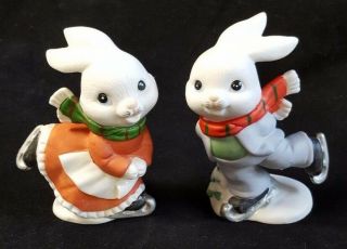 Homco Christmas Figurines Bunny Rabbits Girl and Boy Ice Skating Set of 2 2