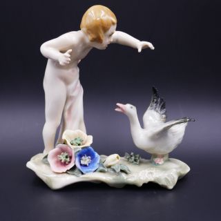 Karl Ens Child Goose Figurine Floral Base Porcelain Dresden Germany Vintage