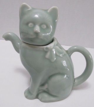 Vintage Kitty Cat Tea Pot Japanese Celadon Green Figural Kitten With Fish & Bow