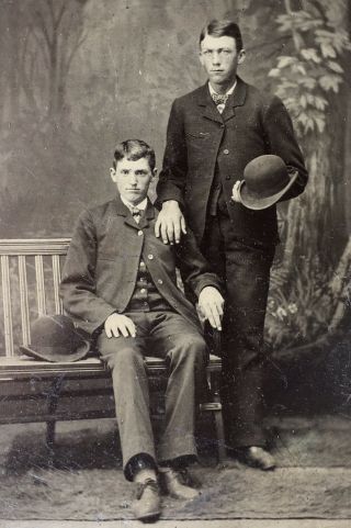 Antique American Two Young Men Hold Derby Hats Tintype Photo