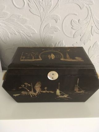 Vintage Chinese Wooden Mother Of Pearl Yin Yang Jewellery Box