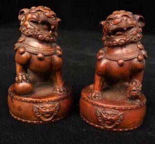Ancient China Collectable Handwork Boxwood Carve Lion Exorcism One Pair Statues