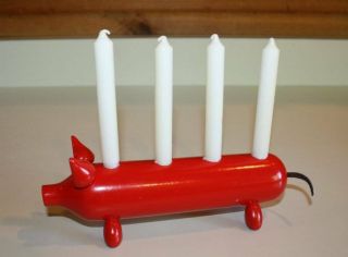 Vtg Swedish Red Wooden Pig Candle Holder Candelabra W/candles