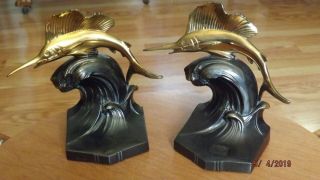 Antique Wb Weidlich Brothers Sailfish Book Ends Brass/ Bronze Marlin Fish