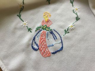 Vintage Hand embroidered Crinoline lady tablecloth 39” x 41” 2