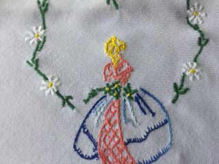 Vintage Hand embroidered Crinoline lady tablecloth 39” x 41” 5