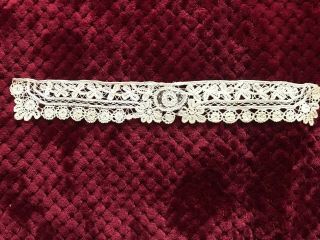 Antique Bruges Lace Collar 12 " By 1 1/2 " With A Needle Lace Work Medallion