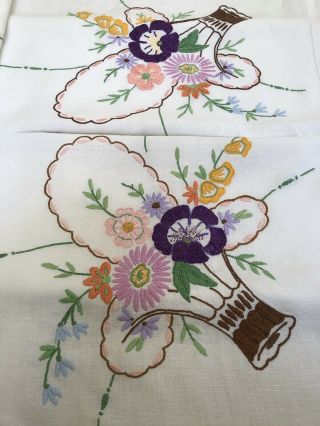 Vintage Hand Embroidered Linen Tablecloth Bright Florals Basket 48”x64”