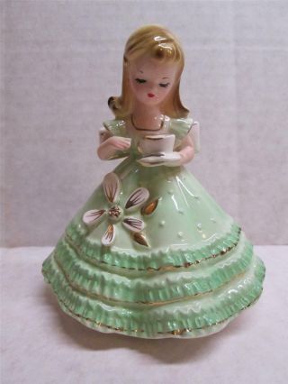 Josef Originals Blonde Girl In Green With Coffee Cup Saucer 4.  5 " Tall