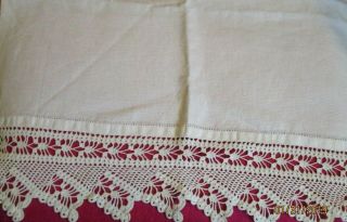 Antique White Cotton Huck Fabric Long Towel Hand Crocheted Wide Border On Ends
