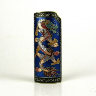Vintage Cloisonne Chinese Dragon Lighter Cover Brass Blue Purple