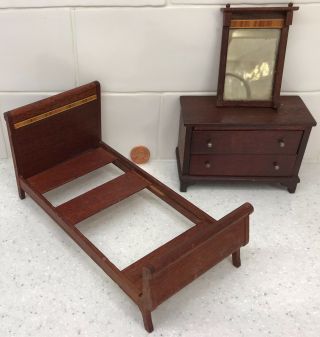 Vintage Wood Inlaid Bedroom Dollhouse Furniture Antique Sleigh Bed Chest Mirror