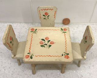 Vintage Wood Hand Painted Dining Room Dollhouse Furniture Antique Table & Chairs