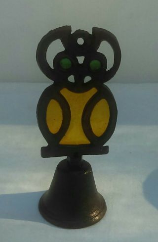 Cast Iron Stained Glass Owl Bell - Vintage - Yellow Green - 5 1/4 " H