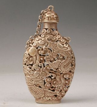 Old Tibetan Silver Snuff Bottle Hollow Relief Dragon Pattern Home Decora