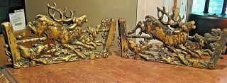 Vintage Solid Art Brass Co.  N.  Y.  Dogs Chasing Elk Over Fence Bookends 3d Deco