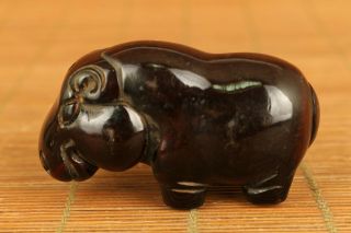 Chinese Old Ox Horn Hand Carving Hippo Statue Figue Table Decoration Hand Piece