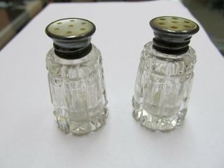 Sterling Mother Of Pearl Top Antique Cut Glass Salt / Pepper Shakers 2” Good