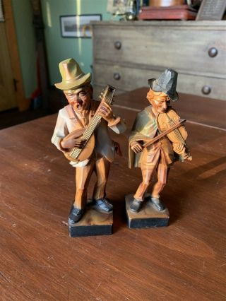 2 Vintage Anri Faux Carved Wood Figures Playing Instruments,  6 "