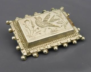 Antique Victorian White Metal Ornate Brooch W Bird Engraving - Unusual Style
