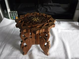 Vintage Indian Hand Carved Folding Plant Pot Stand Wood Table With Inlaid Top