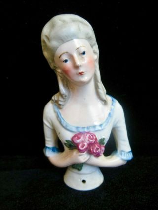 Antique German Porcelain Half Doll Pin Cushion Victorian Lady Floral Bouquet