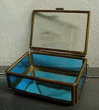 Vintage Blue Stained Art Glass Trinket Box Etched Sail Boat On Hinged Lid