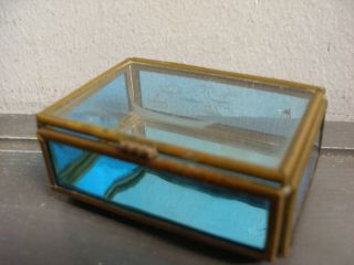 VINTAGE BLUE STAINED ART GLASS TRINKET BOX ETCHED SAIL BOAT on HINGED LID 2
