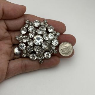 Antique Vintage Clear Rhinestone Faux Silver 2 " Wide Pin Brooch
