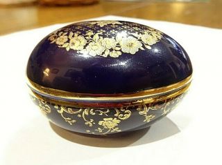 Limoges Castel France Small Egg Shaped Trinket Box – Cobalt Blue W/ Gold Trim